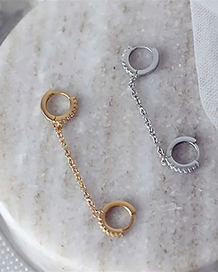 1PCS 925 Sterling Silver Two Hole Piercing Earrings for Women Brilliant Crystal Zircon 2 Metal Color Chain Earring Party Jewelry