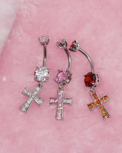 Cross Design Belly Button Ring Surgical Steel Navel Piercing Jewelry Waterproof for Daily Nightclub Wear