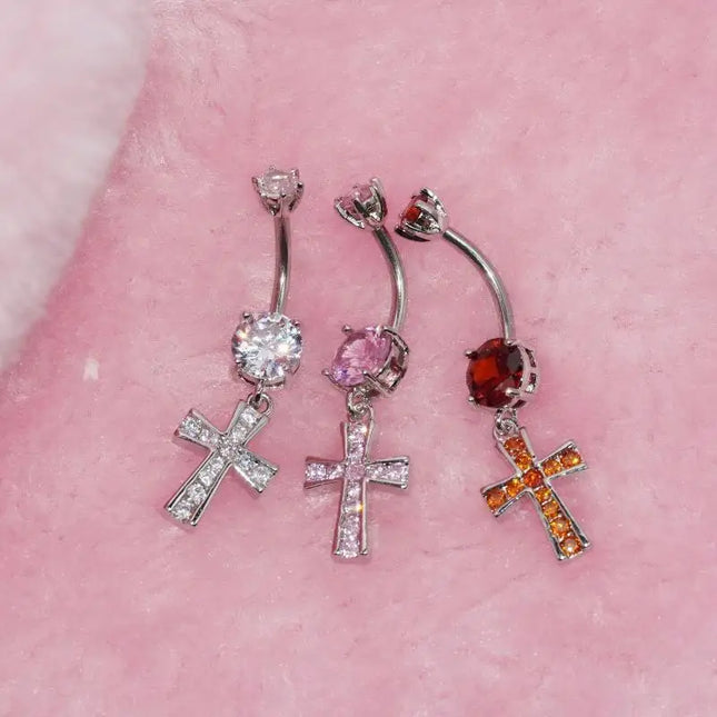 Cross Design Belly Button Ring Surgical Steel Navel Piercing Jewelry Waterproof for Daily Nightclub Wear