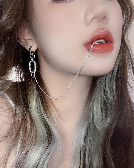 Cool Style Fake Piercing Lip Clip Earring Punk Chain Linked Earrings Hinged Lip Ring For Women Men Fashion Jewelry Accessories