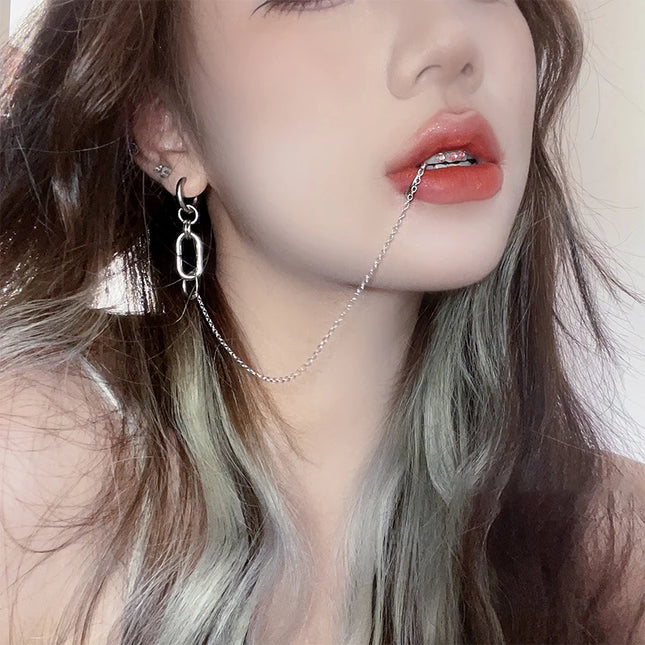 Cool Style Fake Piercing Lip Clip Earring Punk Chain Linked Earrings Hinged Lip Ring For Women Men Fashion Jewelry Accessories