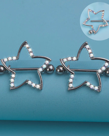 2pcs Nipple Ring Barbell Rhinestone Paved Star Shape Nipplerings Piercing Stainless Steel 14G Nipple Rings Shields Body Piercing