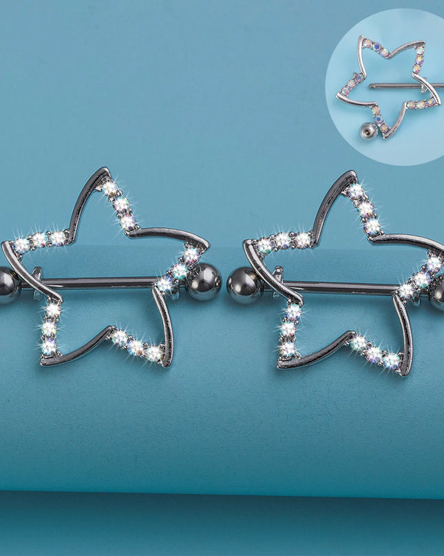 2pcs Nipple Ring Barbell Rhinestone Paved Star Shape Nipplerings Piercing Stainless Steel 14G Nipple Rings Shields Body Piercing