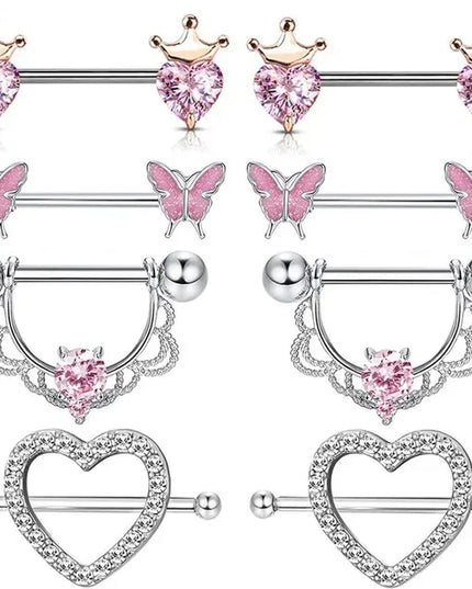 Pink Heart Nipple Piercing Barbell Set Shiny Crystal Nipple Rings Bulk For Women Flower Nippel Jewelry Pack Piercing Teton Lots