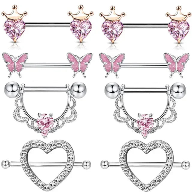 Pink Heart Nipple Piercing Barbell Set Shiny Crystal Nipple Rings Bulk For Women Flower Nippel Jewelry Pack Piercing Teton Lots