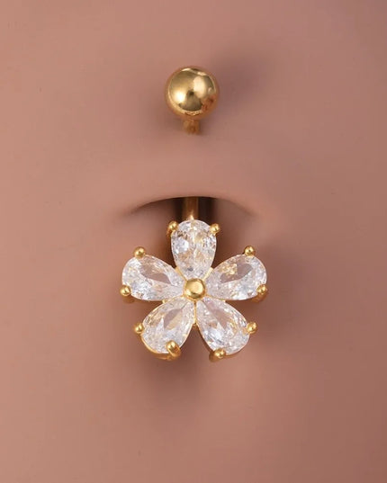 Beach Simple Belly Button Rings Stainless Steel Flower Navel Ring Crystal Zircon Body Piercing Jewelry For Women