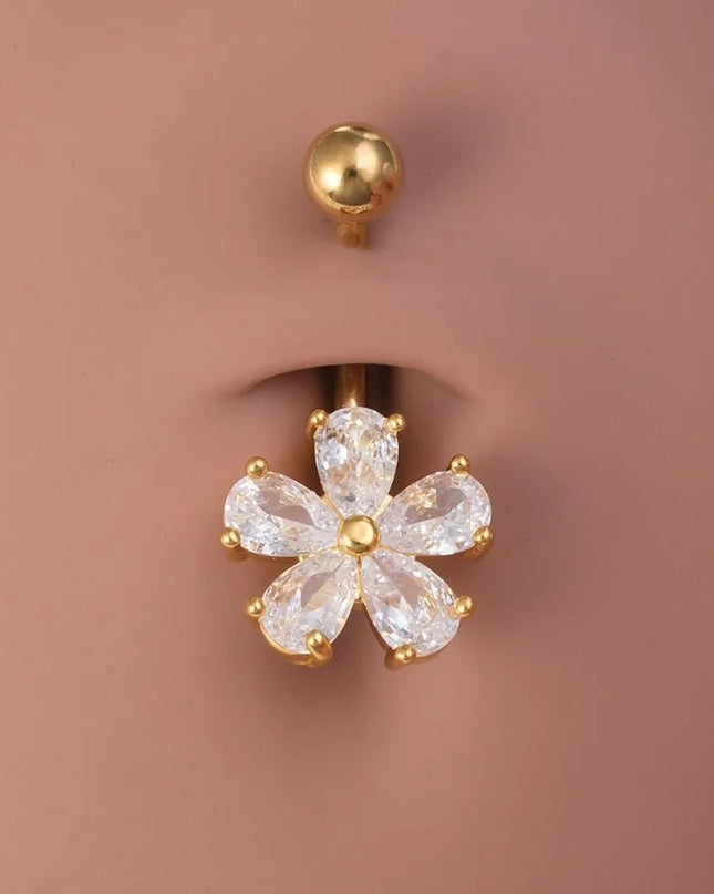 Beach Simple Belly Button Rings Stainless Steel Flower Navel Ring Crystal Zircon Body Piercing Jewelry For Women