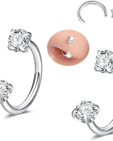 6/2pcs Horseshoe Nose Rings With L-Shape Nose Stud, Stainless Steel Rianbow CZ Nose Ring,, Lip Eyebrow Helix Ear Piercing