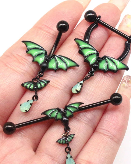 Luminous Bat Belly Button Ring Umbilical Stud Navel Ornament Animal Drop Nipple Ring Luminous Earring Tragus Piercing Jewelry