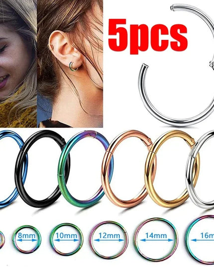 5pc Nose Rings Hoop Hinged Clicker Segment Nose Rings Ear Cartilage Ring Clip Stainless Steel Ear Nose Ring Body Jewelry Gift