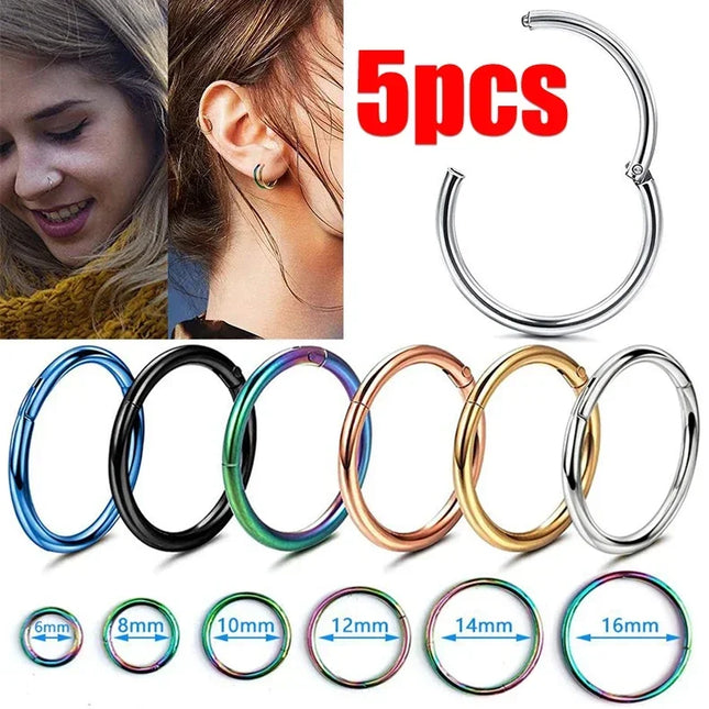 5pc Nose Rings Hoop Hinged Clicker Segment Nose Rings Ear Cartilage Ring Clip Stainless Steel Ear Nose Ring Body Jewelry Gift