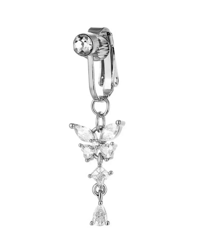 Butterfly Design Clip On Belly Button Zircon Stainless Steel Fake Belly Ring Non Piercing Faux Belly Piercing Fashion Accessory