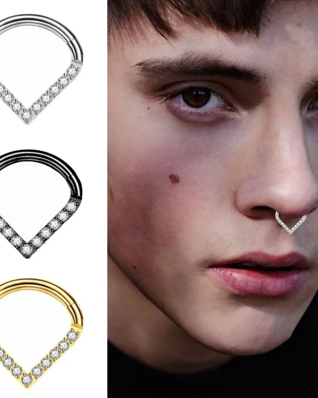 Surgical Steel Septum Nose Clicker Teardrop Shape Segment Ring Rhinestone Nose Ring Gold Hinged Body Piercing Jewelry Men