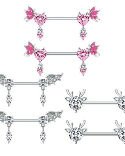 A Pair Cute Heart Dangled Nipple Piercings Barbell for Women Pink Color Moon Butterfly Shaped Sexy Nipple Rings Shield Bar Sets