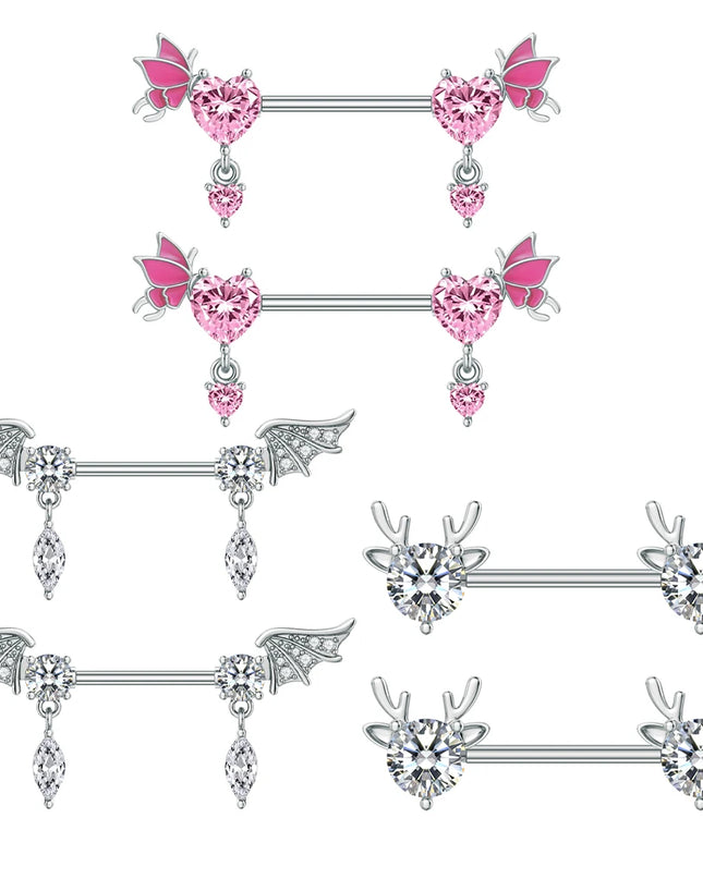 A Pair Cute Heart Dangled Nipple Piercings Barbell for Women Pink Color Moon Butterfly Shaped Sexy Nipple Rings Shield Bar Sets