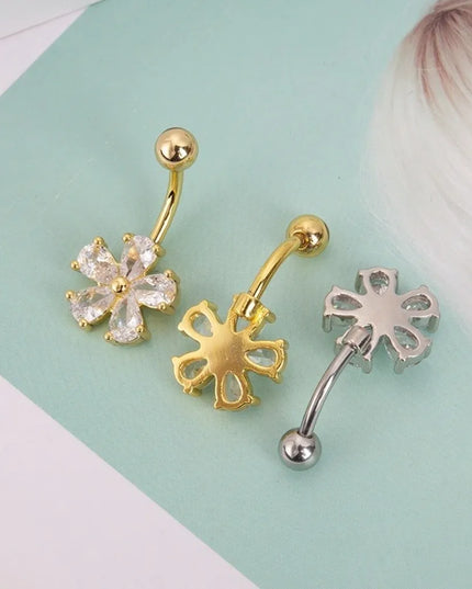 Beach Simple Belly Button Rings Crystal Flower Navel Ring Stainless Steel Zircon Body Piercing Jewelry Sexy