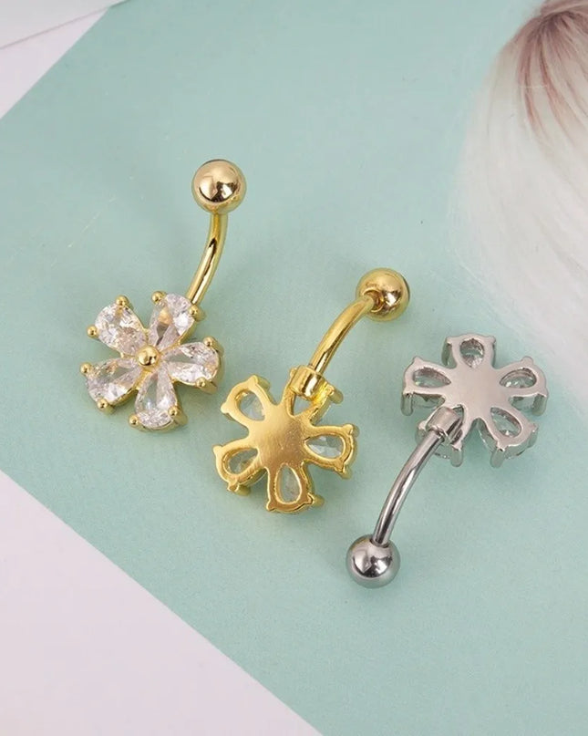 Beach Simple Belly Button Rings Crystal Flower Navel Ring Stainless Steel Zircon Body Piercing Jewelry Sexy