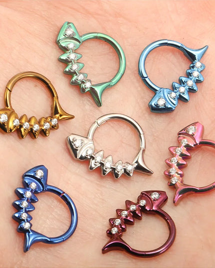 G23 Titanium Fishbone Spike Nose Ring Hinged Clicker Septem Piercing Gothic Zircon Anodized Segment Hoop Ring Daith Earring