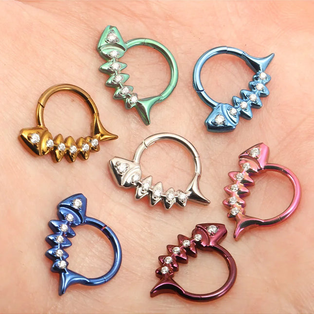 G23 Titanium Fishbone Spike Nose Ring Hinged Clicker Septem Piercing Gothic Zircon Anodized Segment Hoop Ring Daith Earring