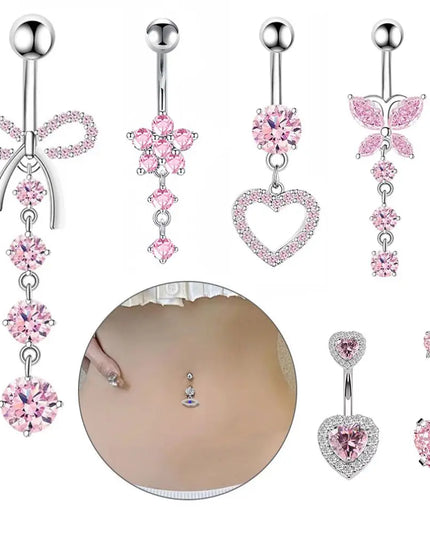 Stainless Steel Bow Belly Button Piercing Heart Shape Pink Zircon Navel Piercing Jewelry Copper Dangle Belly Ring