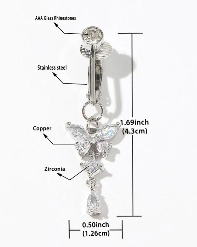 Butterfly Design Clip On Belly Button Zircon Stainless Steel Fake Belly Ring Non Piercing Faux Belly Piercing Fashion Accessory