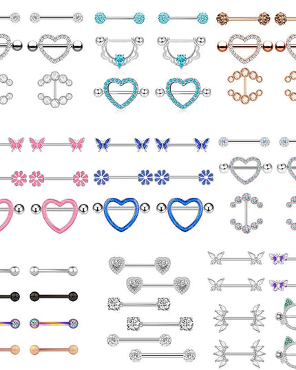 Stainless Steel Heart Nipple Piercing Rings Sets 14G Crystal Tongue Ring Nipple Barbell Lot Sexy Piercing Nipple Body Jewelry