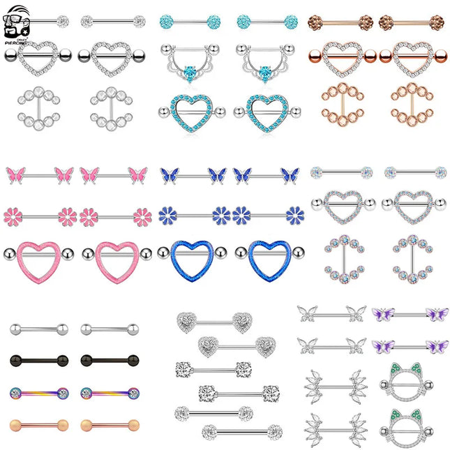 Stainless Steel Heart Nipple Piercing Rings Sets 14G Crystal Tongue Ring Nipple Barbell Lot Sexy Piercing Nipple Body Jewelry