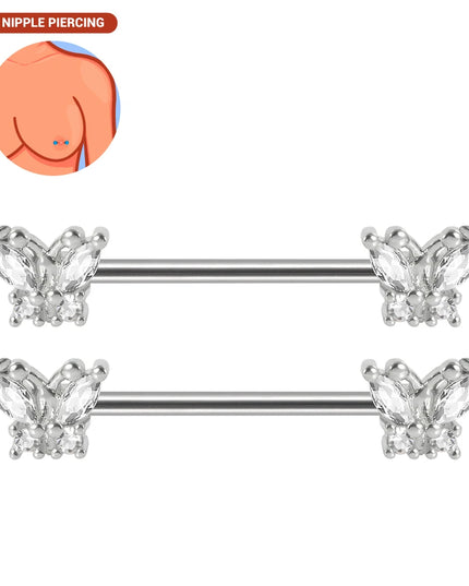 1pair Nipple Piercing Stainless Steel Nipple Rings CZ Butterfly Heart Nipple Barbell For Women Girls 16G Body Piercing Jewelry