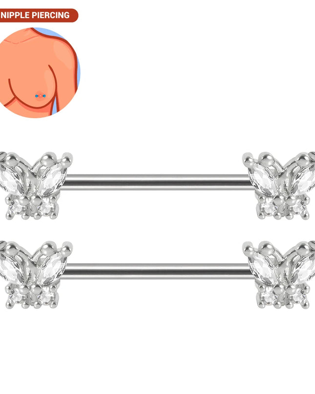 1pair Nipple Piercing Stainless Steel Nipple Rings CZ Butterfly Heart Nipple Barbell For Women Girls 16G Body Piercing Jewelry