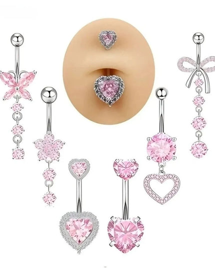 Stainless Steel Bow Belly Button Piercing Heart Shape Pink Zircon Navel Piercing Jewelry Copper Dangle Belly Ring