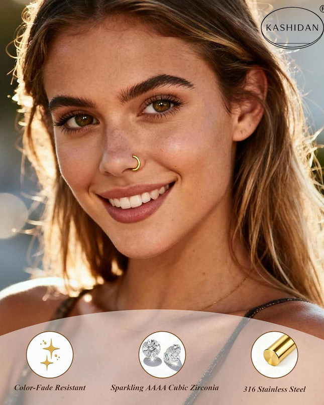 18G gold nose ring for men and women, hinged clicker septum ring for nose/cartilage/body piercing jewelry, 6mm/8mm/10mm/12mm