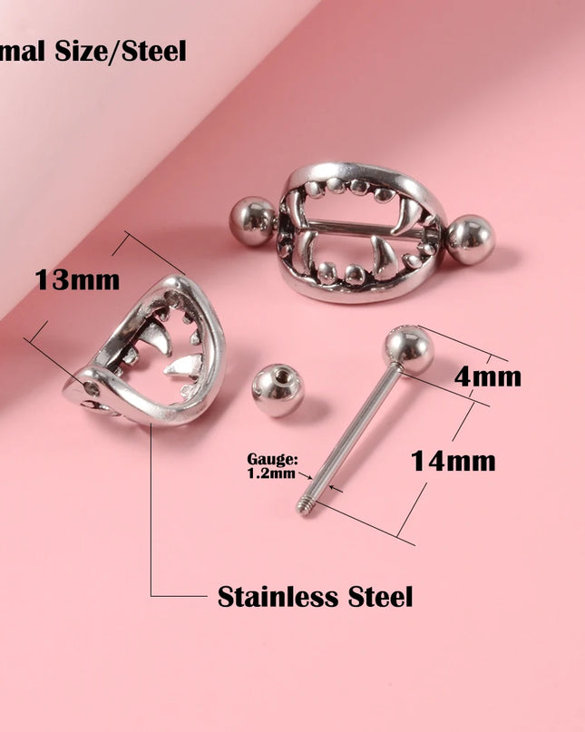 1/2PCS Punk Teeth Nipple Rings Shield Cover Barbell Nipple Piercings for Women Sexy Teeth Body Piercing Jewelry