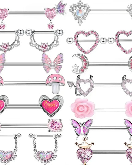 2 Pcs Stainless Steel Pink Nipple Piercing Jewelry Heart Wings Niplple Barbell Moon Devil Nipple Rings Body Piercing Pezon Mujer
