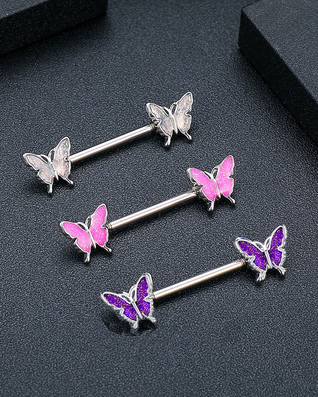 2pcs Lettering Sexy Nipple Piercing Jewelry Buttefly Cat Flower Dangled Stainless Steel Nipple Rings for Women Girls 1.6*16mm