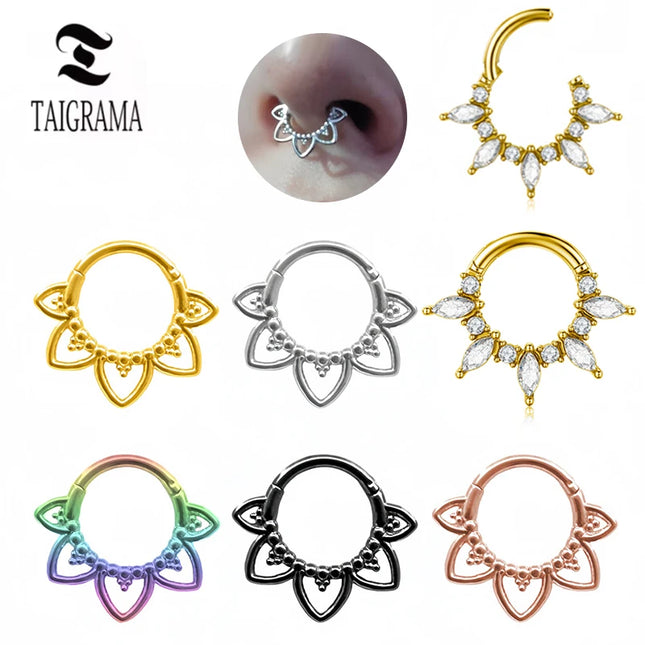 Stainless Steel Nose Ring Flower Hinged Septum Clicker Nose Hoop Seamless Nose Ring for Women Cartilage Nose Piercing Jewelry