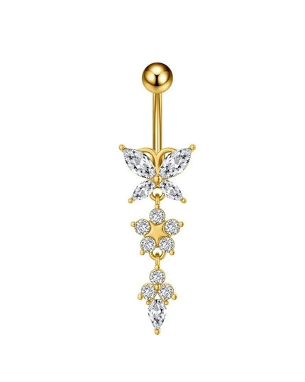 Unique Zircon Butterfly Belly Button Ring Long Chain Elegant Body Piercing Jewelry Curved Barbell Stainless Steel