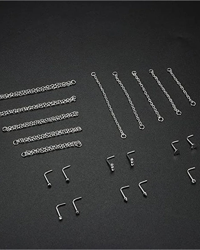 Nose Rings Chain Piercing Across Double with Chain Studs with Chain 20G Piercing Stud Nostril Jewelry for Women Men