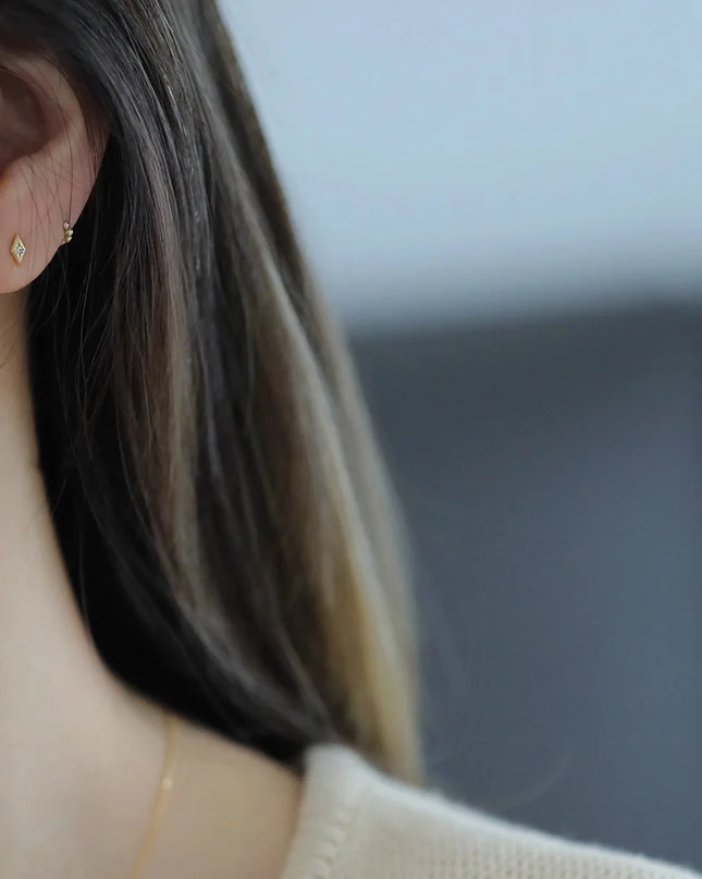 925 Sterling Silver Geometric Zircon Stud Earrings, Gold Plated Minimalist Diamond-Shaped Ear Piercing Jewelry for Women