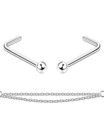 Nose Rings Chain Piercing Across Double with Chain Studs with Chain 20G Piercing Stud Nostril Jewelry for Women Men