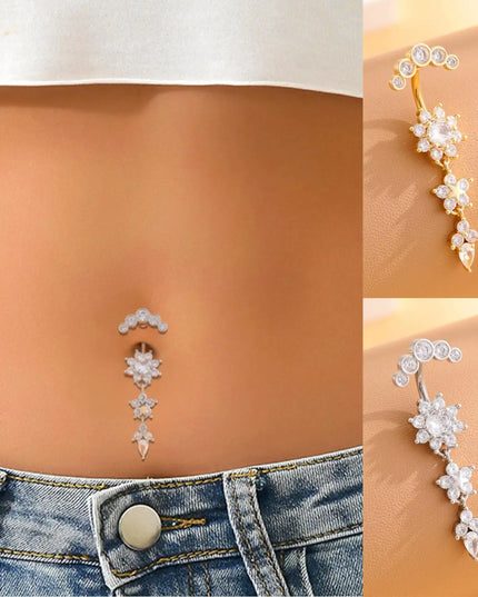 Golden Belly Button Rings 316L Surgical Steel Drop Dangle Navel Ring Flower Zircon Crystal Navel Belly Piercing Fashion Jewelry