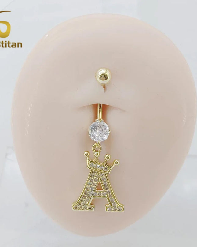 A-Z 26 Letter Initial Belly Button Rings 14G Titanium Curved Barbell Golden Zircon Navel Piercing Body Jewelry Women Accessories