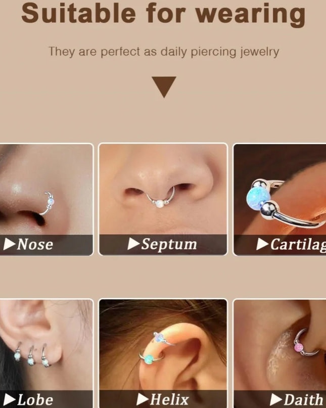 316L Stainless Steel Opal Bead Nose Ring Hoop L-Shaped CZ Nose Stud Set Septum Piercing Nose Jewelry
