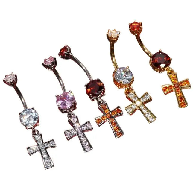 Cross Design Belly Button Ring Surgical Steel Navel Piercing Jewelry Waterproof for Daily Nightclub Wear