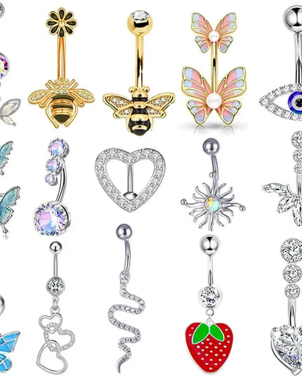 Dainsty Dangled Belly Button Rings Surgical Steel 14G Bar Navel Piercing Ring Crystal CZ Bee Flower Heart Belly Ring Ear Jewelry