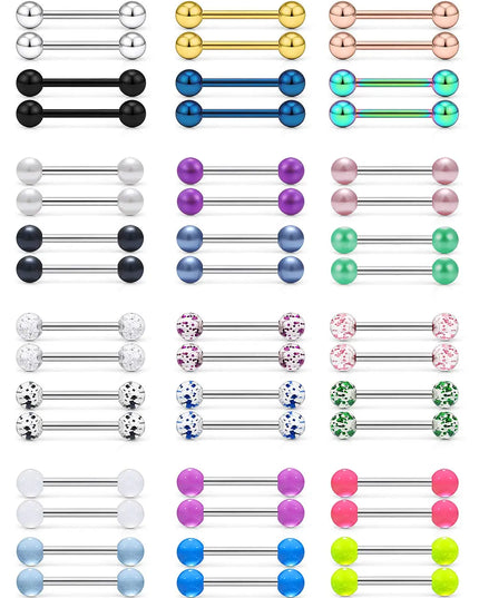 48 Pcs/2 Pcs Nipple Ring Tongue Ring Surgical Steel Straight 14G Barbell Piercing Jewelry 12MM 14MM 16MM Women's and Men's Glow