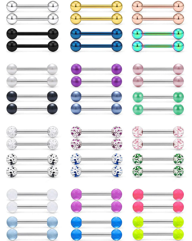 48 Pcs/2 Pcs Nipple Ring Tongue Ring Surgical Steel Straight 14G Barbell Piercing Jewelry 12MM 14MM 16MM Women's and Men's Glow