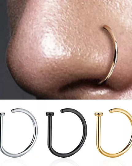 New Curved Barbells Fake Nose Piercing D Shaped Tragus Helix Stud Earring Hoop Septum Stainless Steel Ring Nostril Body Jewelry