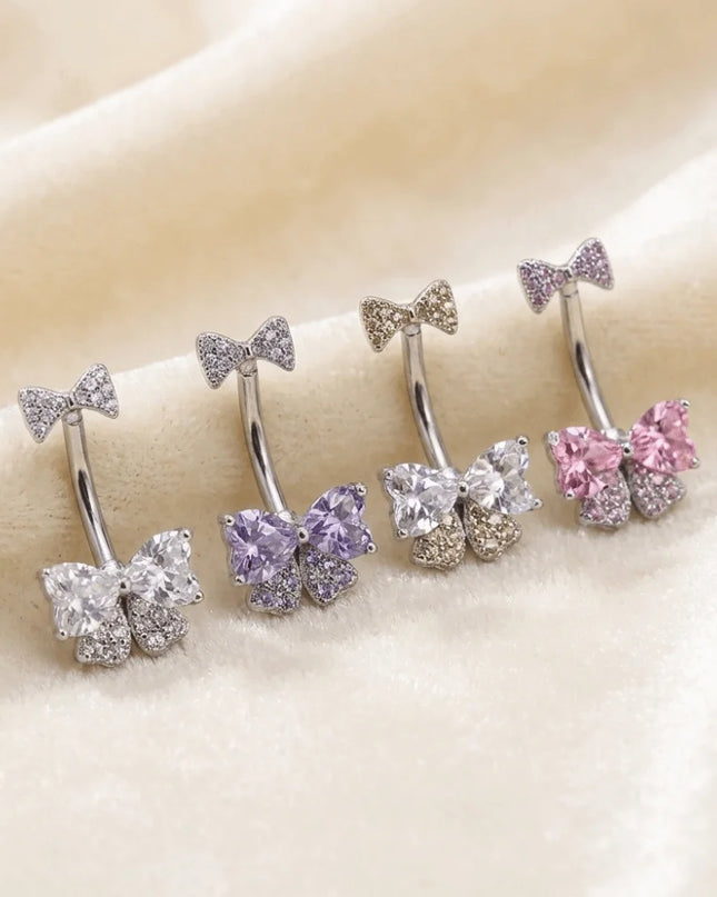 Elegant Belly Button Rings Stainless Steel Crystal Navel Piercing Jewelry Body Jewelry Barbell Style Pink Bow Belly Rings