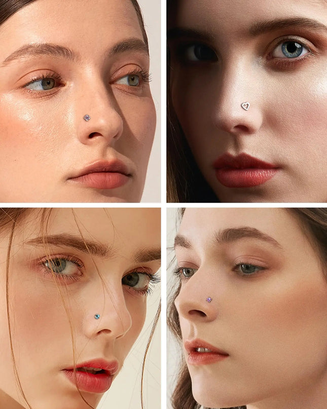 316L Stainless Steel Opal Bead Nose Ring Hoop L-Shaped CZ Nose Stud Set Septum Piercing Nose Jewelry