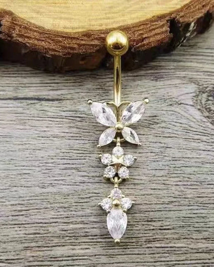 Unique Zircon Butterfly Belly Button Ring Long Chain Elegant Body Piercing Jewelry Curved Barbell Stainless Steel